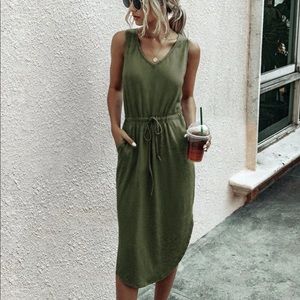 Drawstring Waist Curved Hem Midi Tank Dress in Army Green
